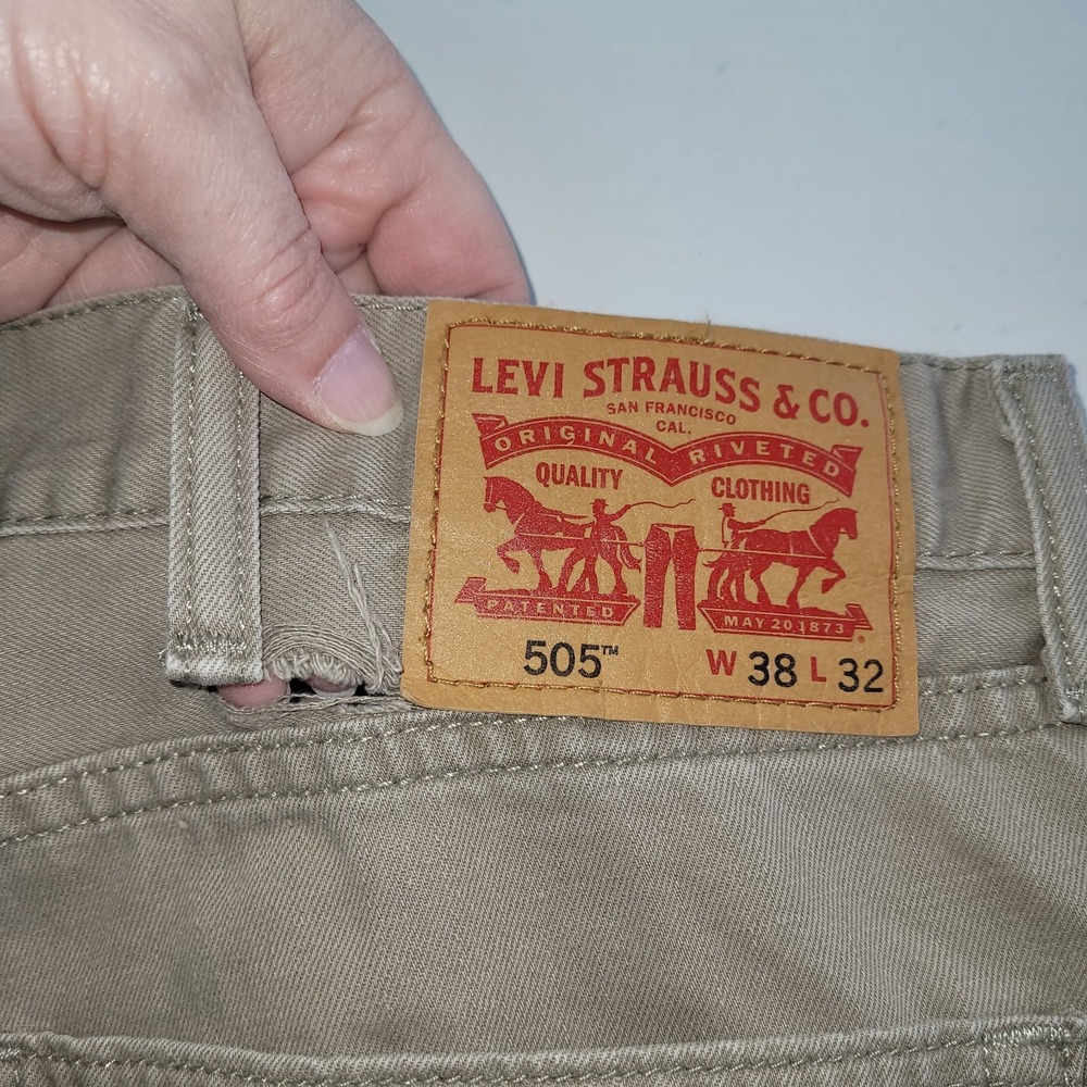 Levi's 505 Regular Fit Pants Mens 38x32 Khaki Tan Straight Leg Twill Flaw READ - Picture 6 of 13